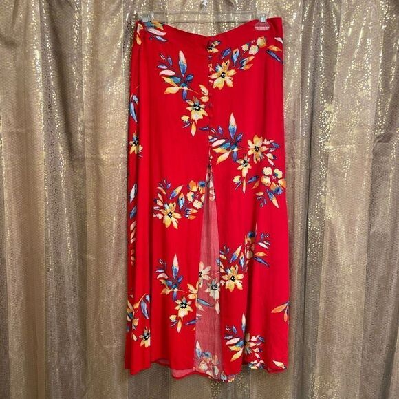 Express Red Yellow Tropical Floral Buttoned Maxi Skirt, Large Petite - Picture 1 of 6